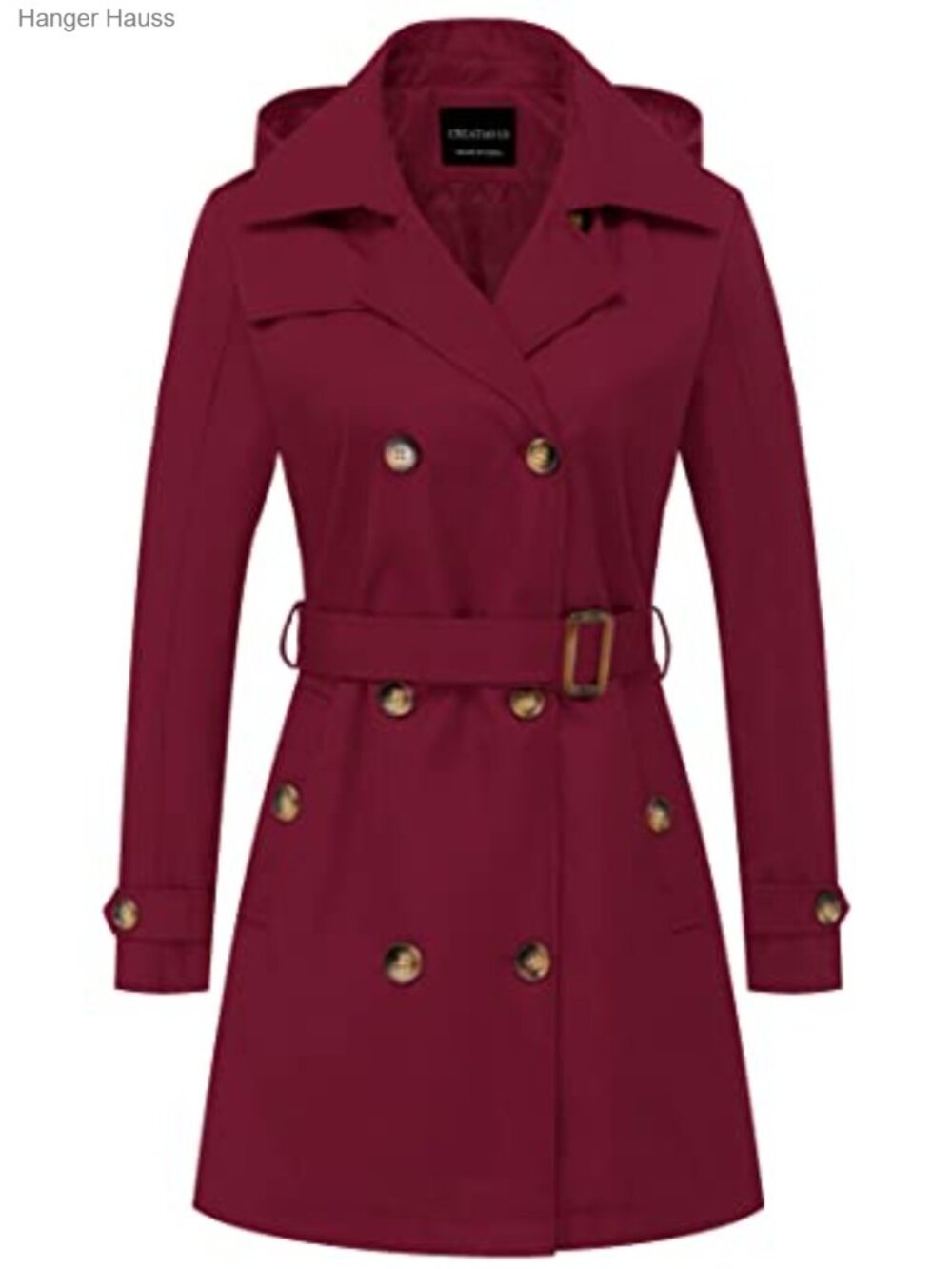 Women's Double-Breasted Trench Coat with Detachable Hood, Belted, Polyester,